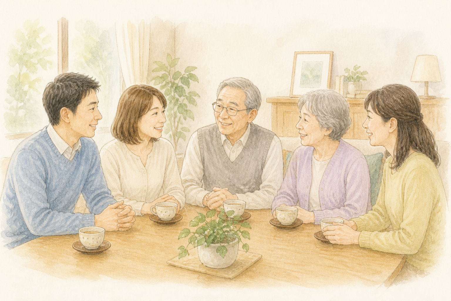 家族がテーブルを囲んで、穏やかに話し合っている様子