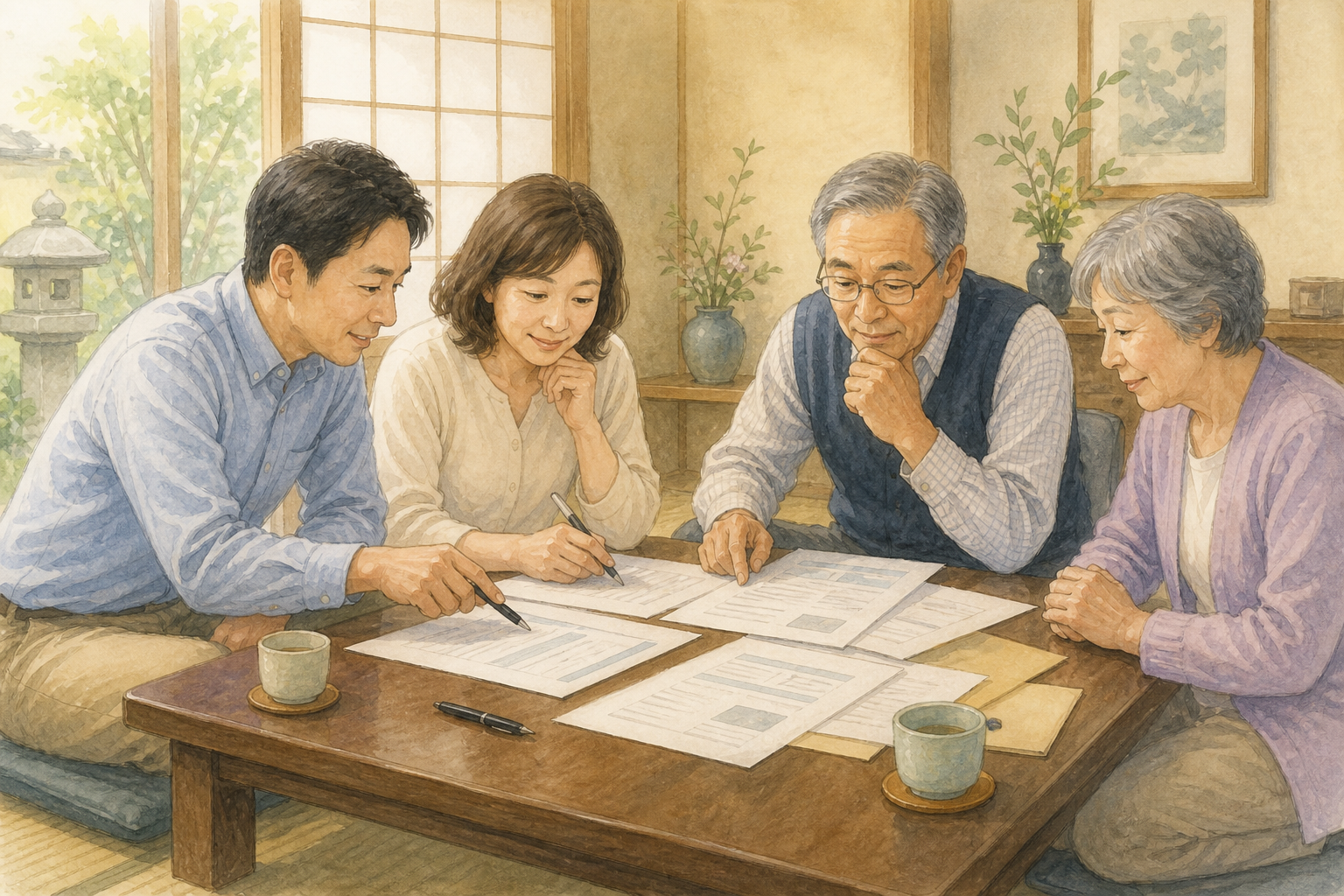 家族が資料を見ながら、落ち着いて話し合う様子
